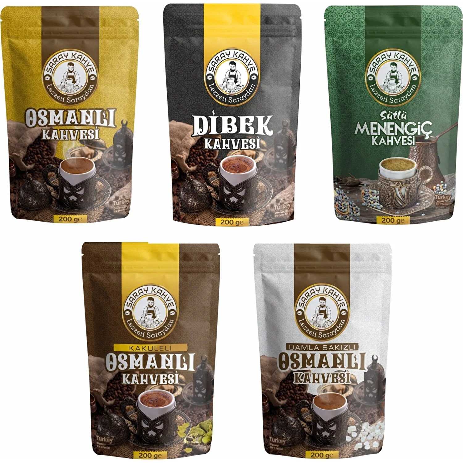 110000078097107 مجموعة قهوة سراي 5*200 جرام (قهوة عثمانية- قهوة ديبك- الحبة الخضراء - قهوة بالهيل- قهوة بالمستكة).